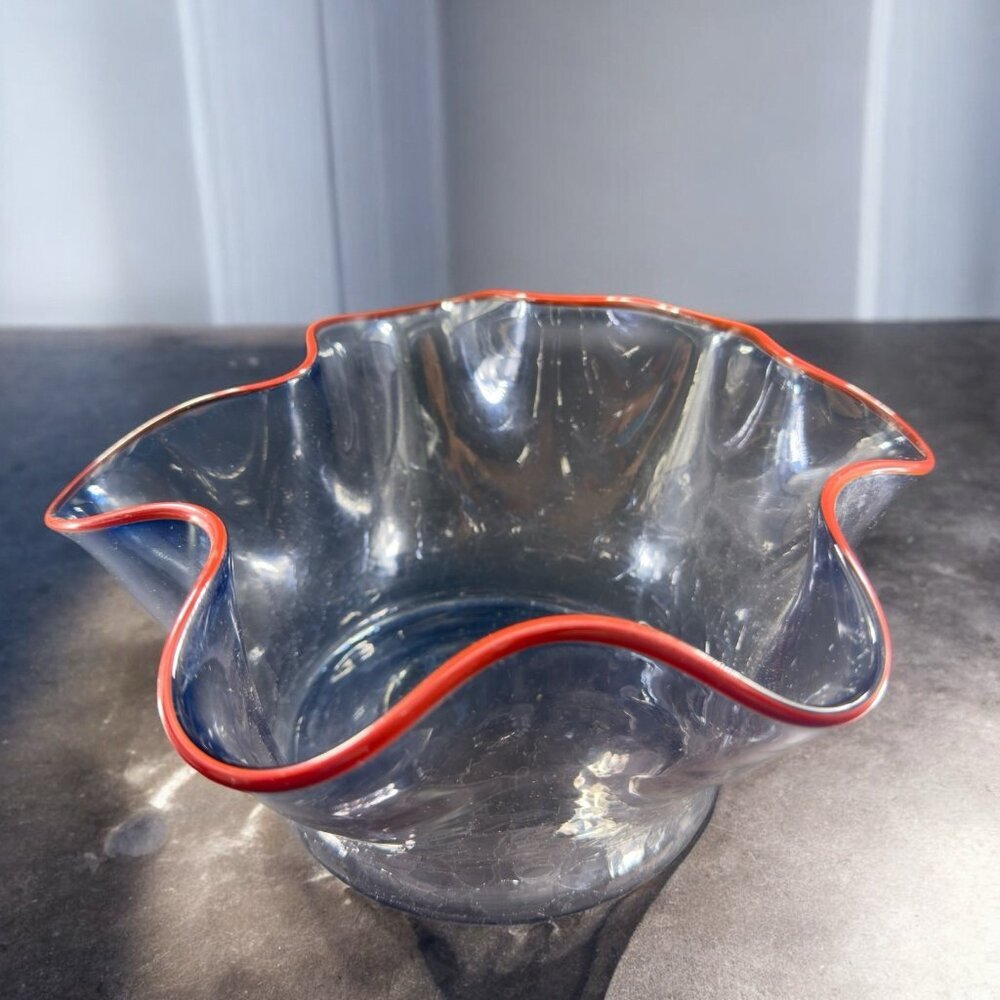 Boatman Studio Art Glass Hand Blown Bowl Dish Crackle Blue Glass Red Edges VTG